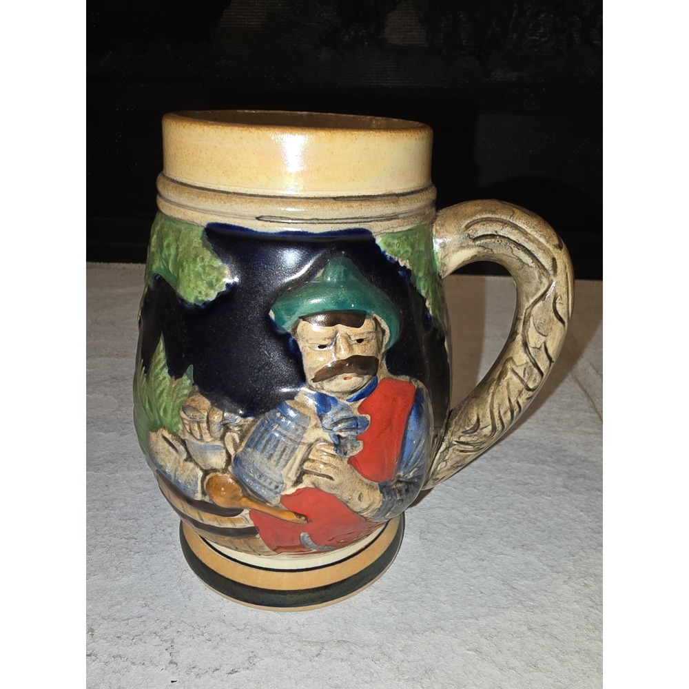 Vintage‎ German Style Beer Stein Mug Relief Hand Painted Man Mountain Scene